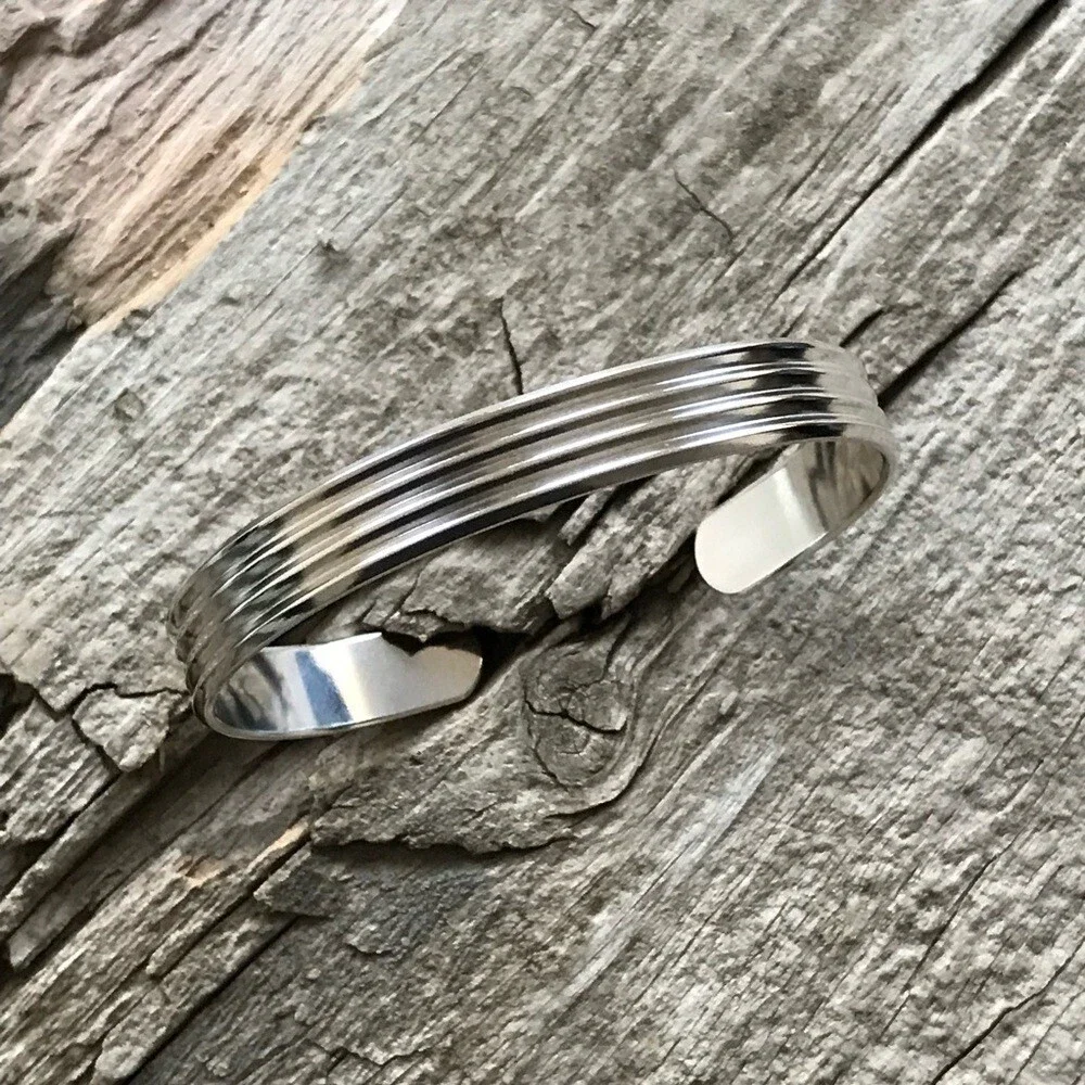 Shiny Sterling Silver Pinstripe Open Cuff Bangle Handmade 10x2mm Wide